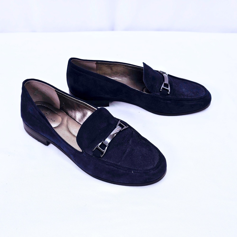 Bandolino Navy Suede Loafer Women's Size 6.5 M Silver Bit Slip On Block Heel - Picture 4 of 8